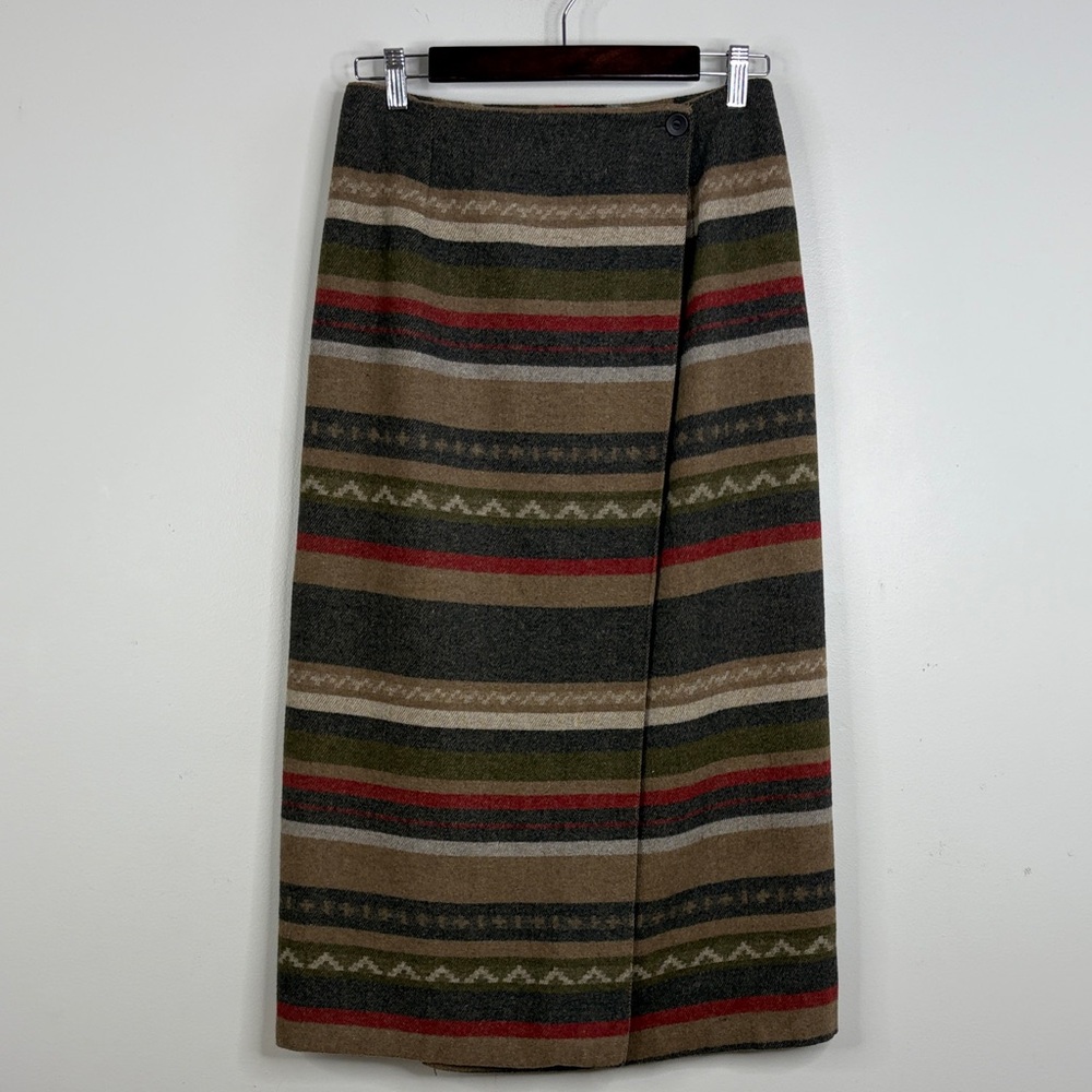 Vintage Wrap Skirt Womens Medium Brown Gray Red Blanket Stripe Flannel Maxi